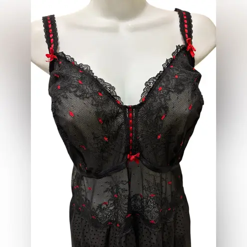 Cacique Sexy Sheer Babydoll Nightie Sz 22/24 Plus Lace Dotted Skirt Black Red