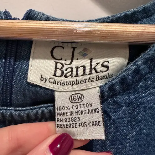 Vintage CJ Banks Sleeveless Denim Embroidered Umbrella Dress Size 16W Cotton Blue