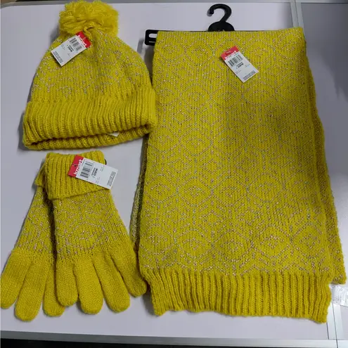 Womens Yellow Metallic Knit Winter Hat Scarf Glove Set Cozy Sparkly Holiday Gift