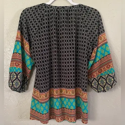 New Direction Women Multicolor Multi Block Print 3/4 Sleeve Peasant Top Size M Black Size M