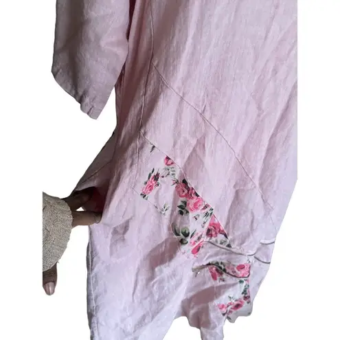Lin Blanc 100% Linen Pink Floral Embellished Long Dress Lagenlook