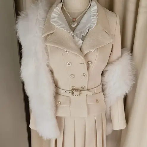 Japanese Gabrielle Thick Winter Beige Formal Buttoned Buckle Belt Blazer Jacket Tan Size XS