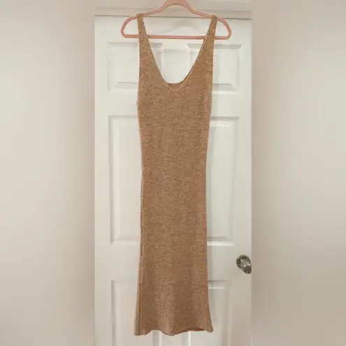 Commense Sleeveless V Neck Sweater Knit Midi Maxi Dress Neutral Brown Tan Small