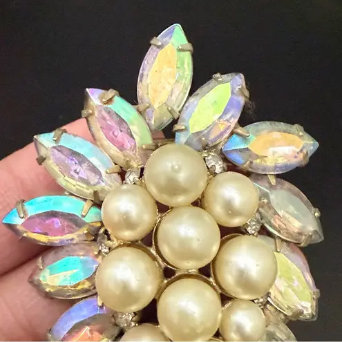 Vintage Aurora Borealis Marquise Rhinestones Faux Pearl Silver