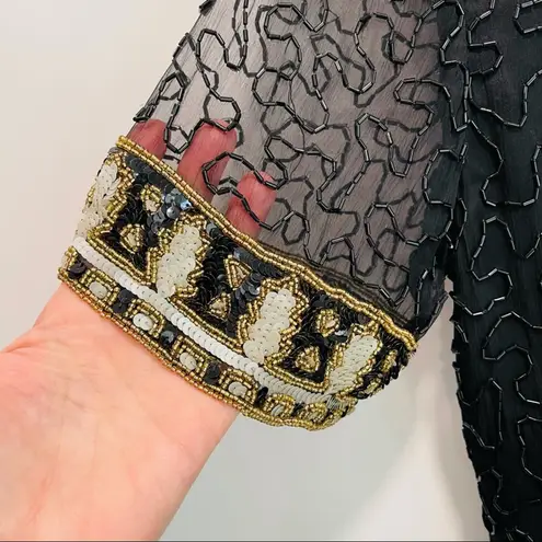 Vintage 80s Silk Beaded Sheath Dress, Formal, Black Tie Cocktail Kazar Blk/Gld Size 6
