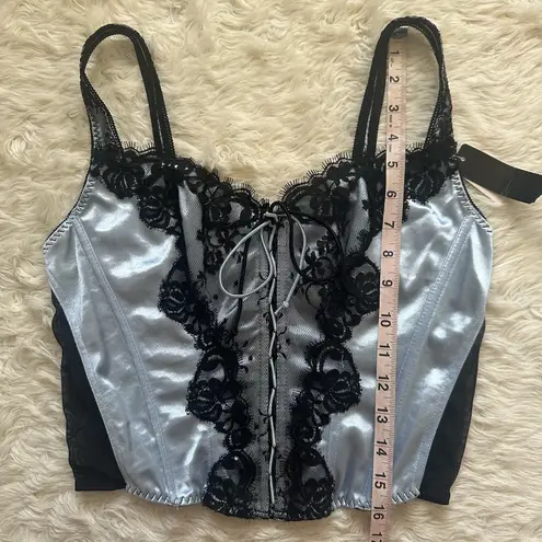 Delicates Corset Top Bustier Satin Lace Cropped Vintage Blue Black Sz L NWT New