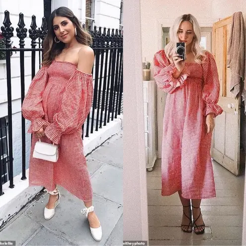 Sleeper Atlanta Linen Gingham Midi Dress Off Shoulder Red Size XS