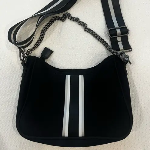 Haute Shore Black & White Stripe Neoprene Shoulder Bag Crossbody Chain Detail