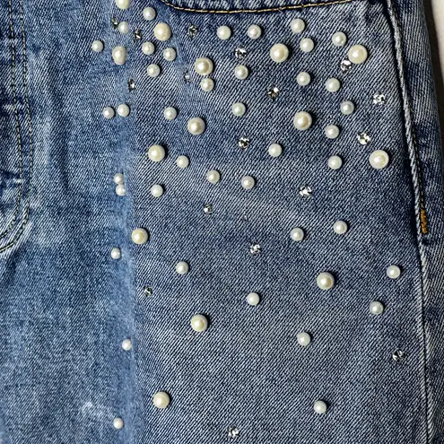 Milla Embellished Crystal & Pearls Raw Hem Frayed Mini Denim Skirt Jean Skirt in Solstice Blue Size M