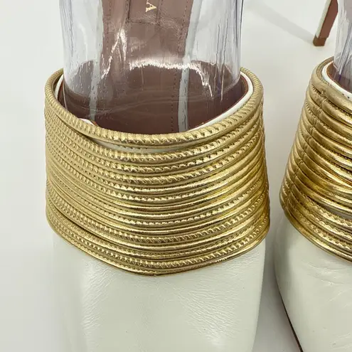 Aquazzura Firenze Rendez Vous 75 White Leather Gold Coil Mule Pumps Size 38.5