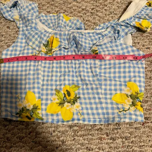 Sugar Lips  Citrus Picnic Gingham Izzy Crop Top Blue Yellow  Sunflower- Size Small