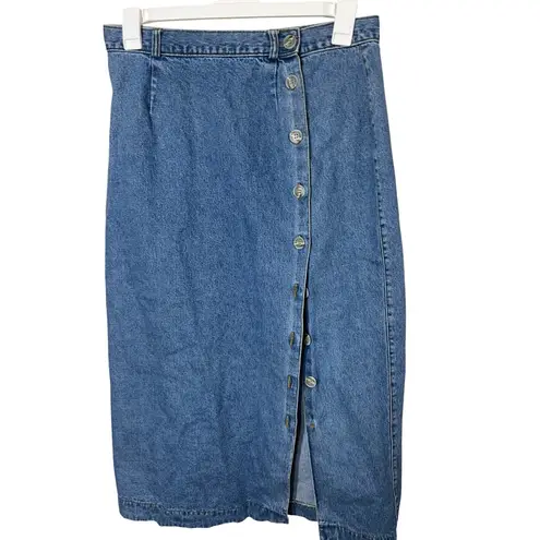 Van Heusen Women Denim Maxi Skirt Button Front Slit Blue Cotton Size 14