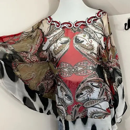 Alberto Makali Vintage Y2K Sheer Scarf Style Mixed Print Top M Red Size M