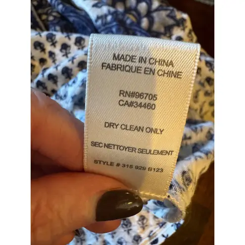 Rebecca Taylor Shirt Women Large Blue White Linen Floral hort Sleeve Tee Boho