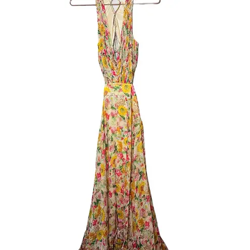 Mac Duggal 9174 Long Formal Multicolored Floral Print Chiffon Gown Dress Size 10