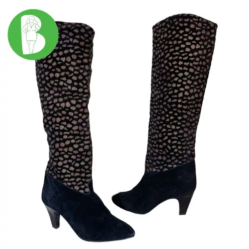 Nina BLACK & BROWN SPOTTED GENUINE SUEDE PULL ON KNEE HIGH BOOTS (5.5)