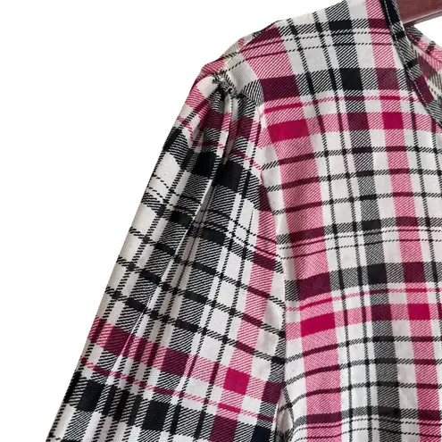 Eden & Olivia Top Women L Black Red Split Neck 3/4 Roll Tab Sleeve Plaid Popover