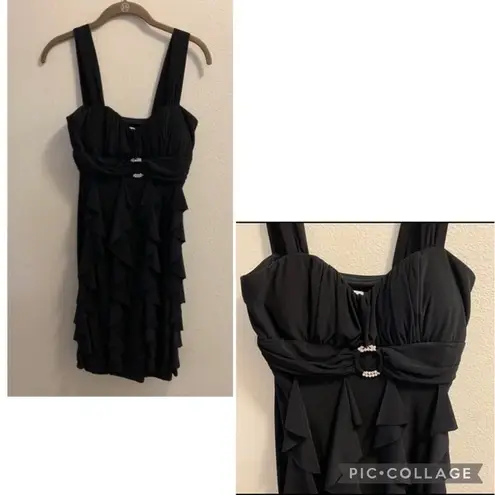 Betsy and Adam Vintage  Formal Black Dress Jeweled Front -Size 6 Layered Ruffles