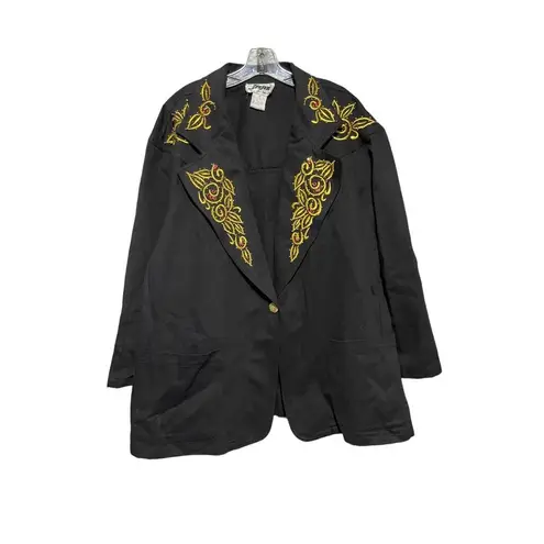 Vintage DVine Womens Embroidered Blazer Jacket Black & Gold With Red Accents 3x