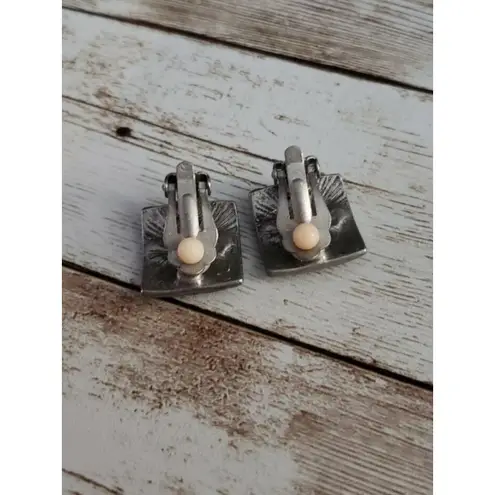 Vintage Clip On Earrings Shades of Red & Patterned Dark Grey Metal