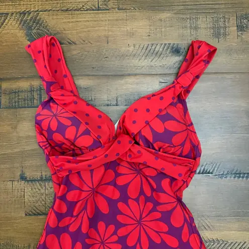 Boden Floral Print One Piece Swimsuit Ruched Twist Front Red & Purple US 2