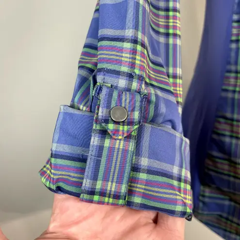 REI Shirt Womens Small Purple Plaid Snap Button Long 3/4 Tab Sleeve Pintuck Top
