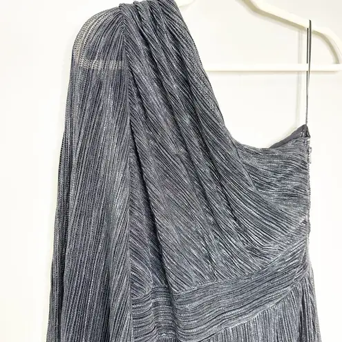 Saylor Midi Dress Alora Plissé One Shoulder SlitHem Black Metallic Size M0