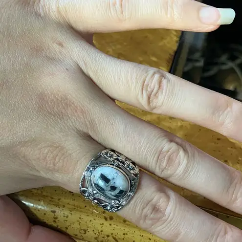 Natural White Buffalo Sterling Silver Ring Size 8 Black