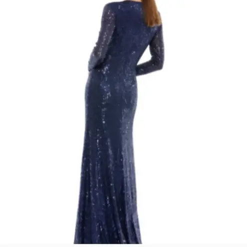 Mac Duggal 26552 v neck long sleeve SEQUINED KNOTTED WAIST MIDNIGHT NAVY GOWN 14