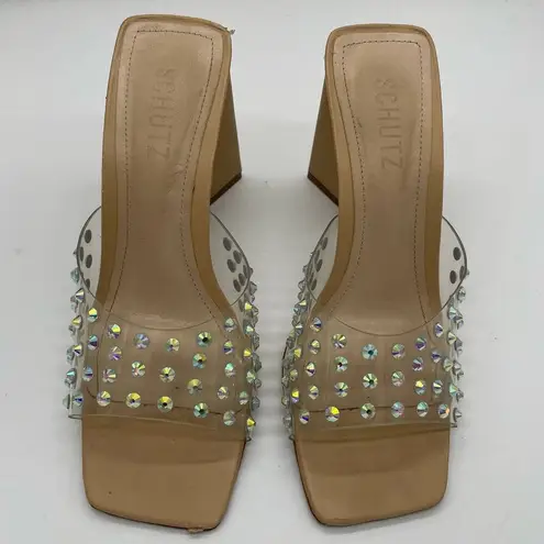 Schutz Lizah Nude Clear Rhinestone High Heel Sandals - 6.5