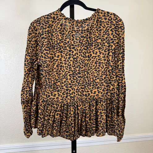 Leopard Peplum Blouse Long Sleeve Boho Chic Flowy Tiered Hem Top Women’s Small Brown