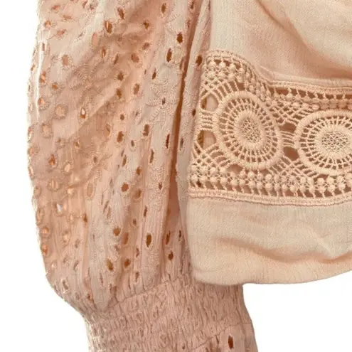 Surf Gypsy Peach Crochet Ballon Sleeve Cropped Eyelet Top Coquette