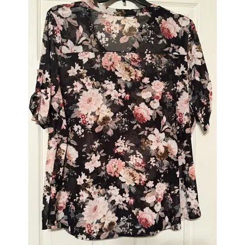 Siren Lily Womens Plus Size 2X Sheer Black Floral Mesh V-neck Top Short Sleeve