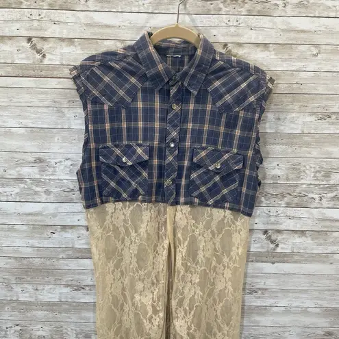 Vtg Gypsy South Atlanta L Reworked Sleeveless Plaid Lace Tunic Vest & Shirt Y2K Blue Size L