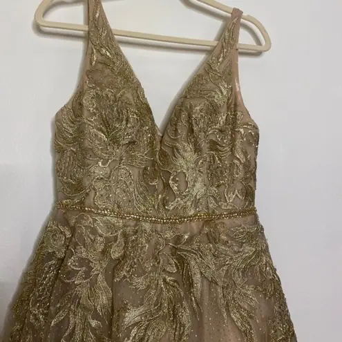 Mac Duggal A-Line Metallic Appliqué Ballgown In Champagne