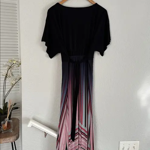 One World Maxi Dress Black 70s Wrap Flowy Stripe Sexy Maximalism Cocktail Party