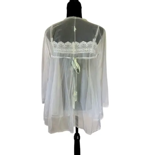 Vintage Olga Sheer White Peignoir Robe w/ Lace Trim Blue Bow Detail Size Small