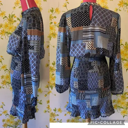 Alice Blue Long sleeve Patchwork Smoked skirt mini dress size M