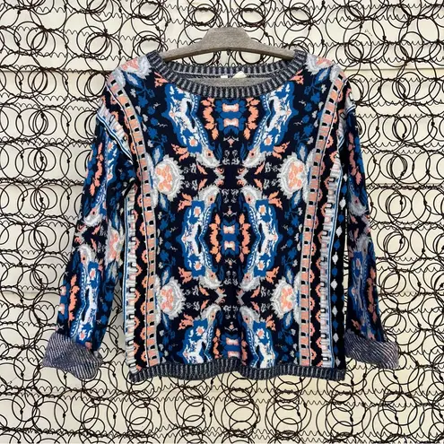 Anthropologie  Moth Antica Jacquard Print Blue Peach Cabine Pullover Sweater
