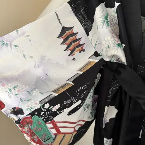 Japanese Kimono Robe Sz 56 Cherry Blossom Made In Japan Womens Polyester Parasol Black