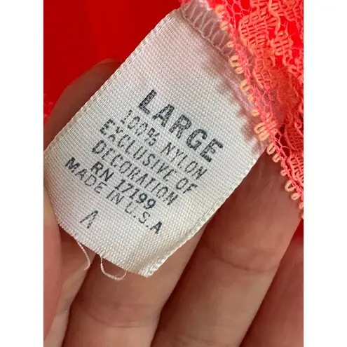 Vintage Lingerie Nightie Neon Coral Orange Lace Size M/Large Fit Bright