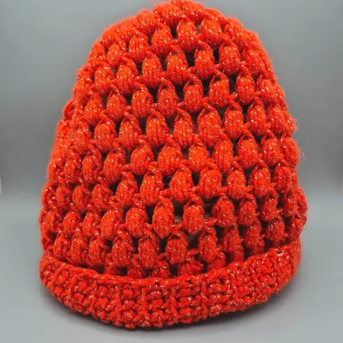 Handmade Crochet Dark Burnt Orange Ladies Beanie Hat One Size Metallic Speckles