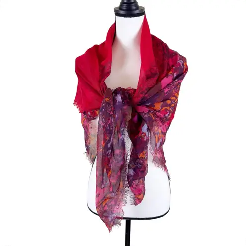 Johnston & Murphy Floral Abstract Scarf Red Pink Multi Fringe Wrap NWOT - Image 2