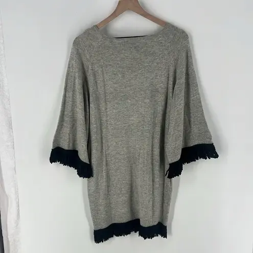 Ethereal Gray Wool Blend Fringe Trim Dolman Wide Sleeve Sleeve Sweater Dress