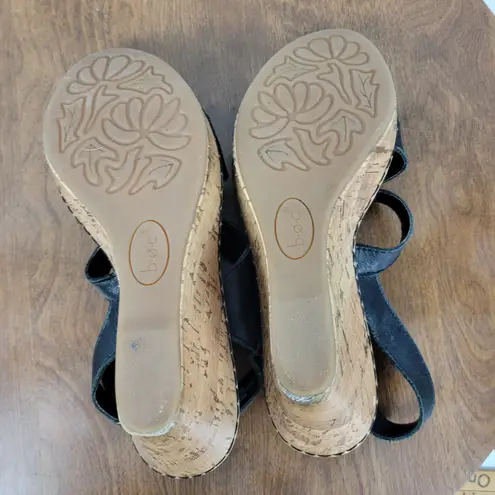 B.O.C Womens Schirra Sandals 7 Black Leather Cork Wedge Sling Back Buckle Strap