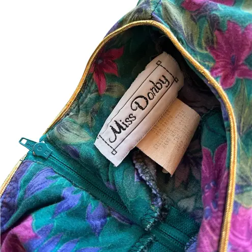 Vintage 80s Floral Patterned Dress with Purple Green Gold Pleated 3/4 Sleeve