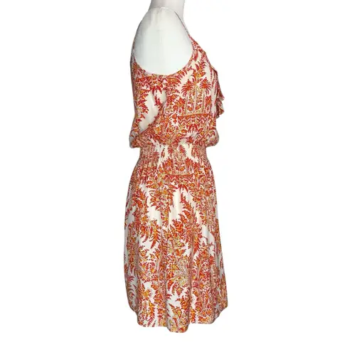 J. McLaughlin Silk Blouson Dress XS Red Orange Floral Paisley Sleeveless Sundress