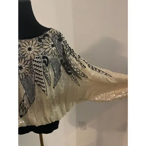 Vintage Sequin 100% Silk Butterfly Top Black White Beaded Size XL
