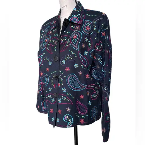 Units Embroidered Paisley Floral Navy Button Up Jacket Western Large Petite