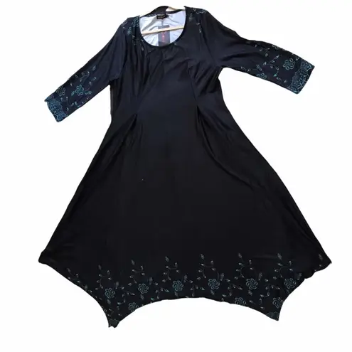 Reborn Midi Dress with Batwing Hem and 3/4 Sleeves Black Turquoise Floral 3X